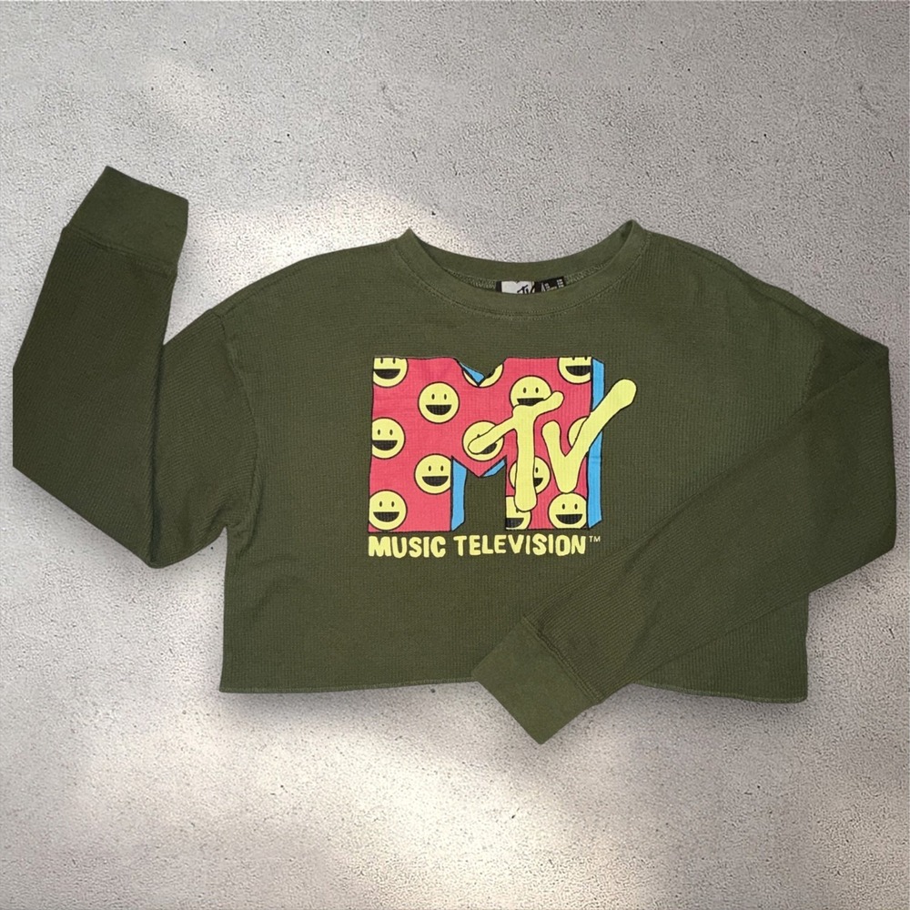 Y2K‎ MTV Smiley Face Cropped Waffle Knit Long Sleeve Top Olive Green Size Small